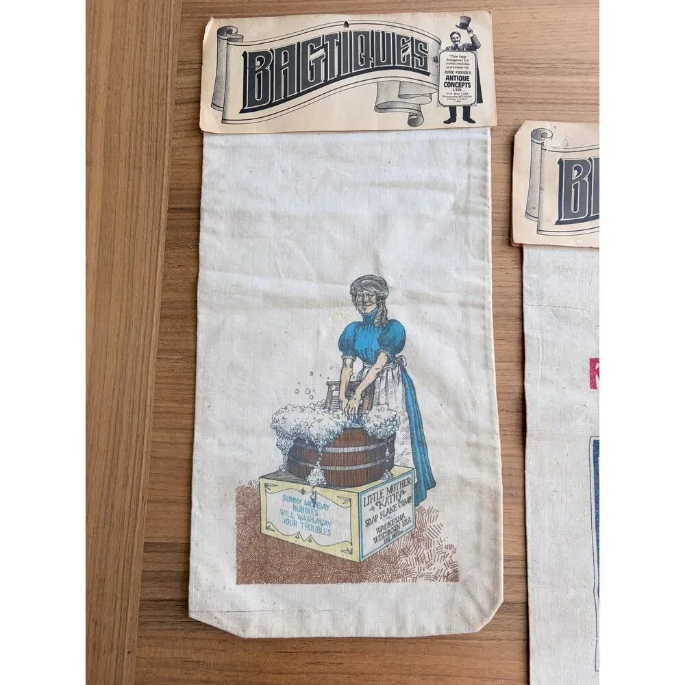 Lot 2 Vtg Bagtiques Linen Bags Jude Pieper Antique Concepts 1981 Advertising